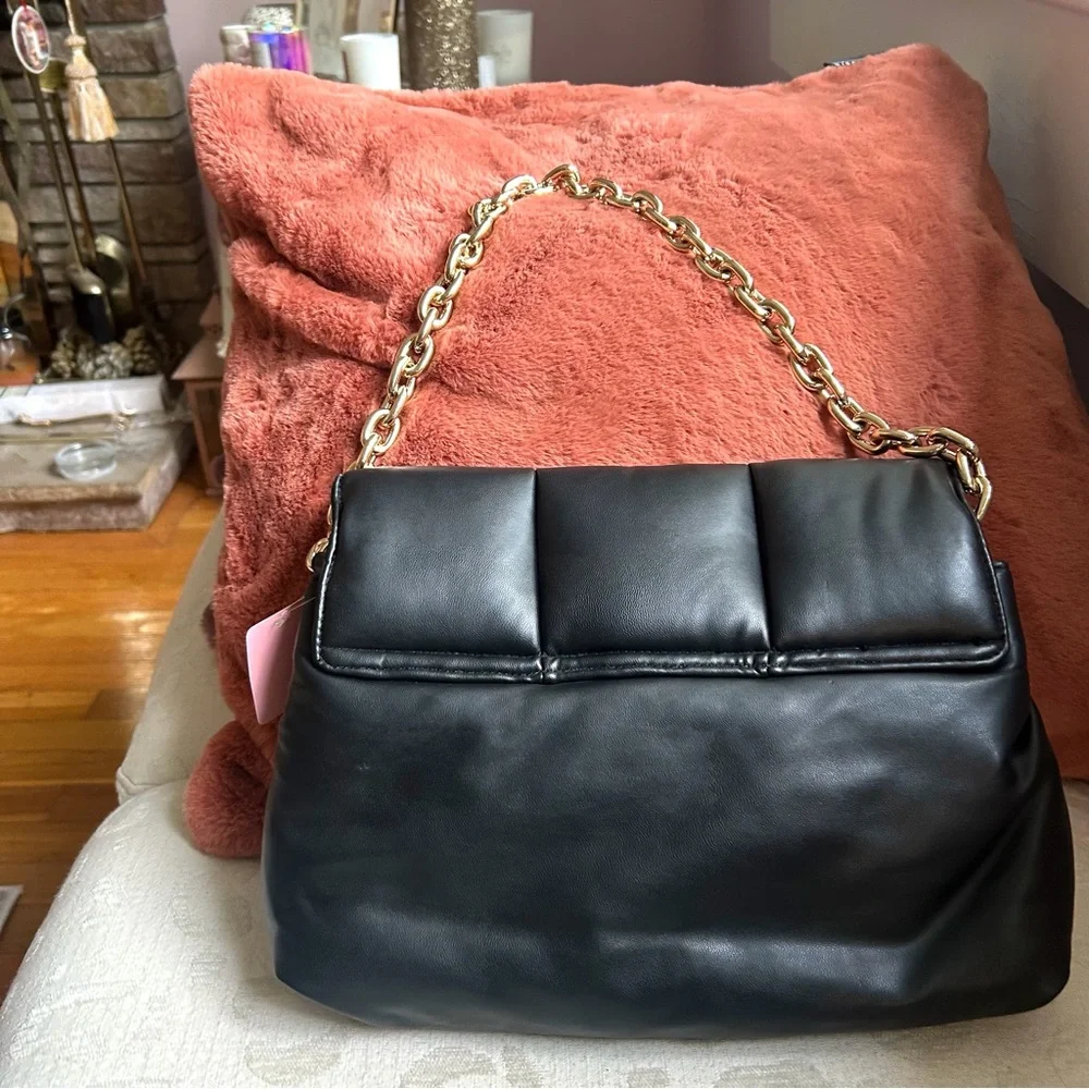 Black Quilted Shoulder Bag with Gold Chain Strap